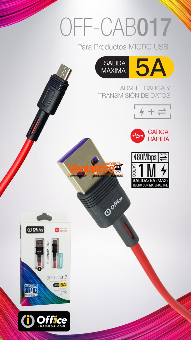 CABLE USB 2.0 A MICRO USB 1.00 MTS 5AMP - Imagen 2