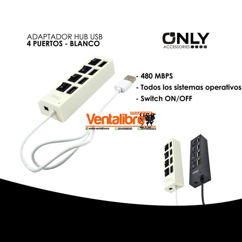ADAPTADOR HUB USB 2.0 ON/OFF 4 PUERTOS BLANCO NEGRO - Imagen 2