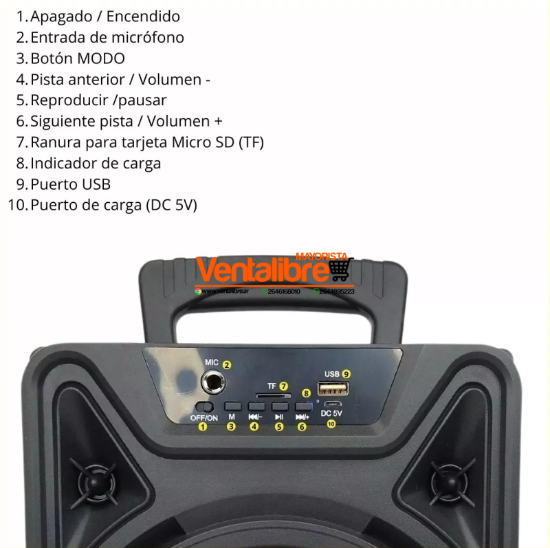 PARLANTE BLUETOOTH 8" TWEETER 600W PMPO RADIO LUCES RGB ENTRADA MICRO - Imagen 3
