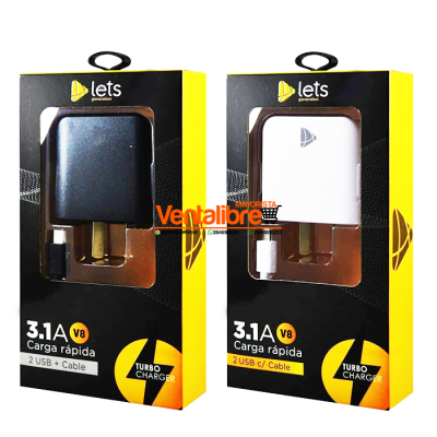 CARGADOR TURBO 3.1A 2 USB MAS CABLE V8