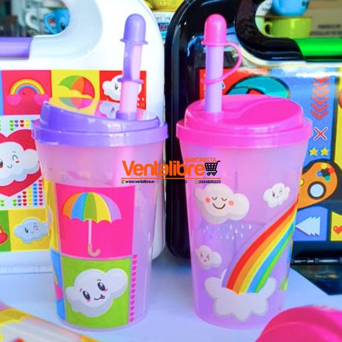 VASO INFANTIL GRANDE CON SORBETE ESTAMPADO PERSONAJES ARCO IRIS