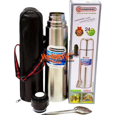 TERMO DE ACERO INOXIDABLE + FUNDA + CUCHARA DOBLE CAPA 1 LTS.