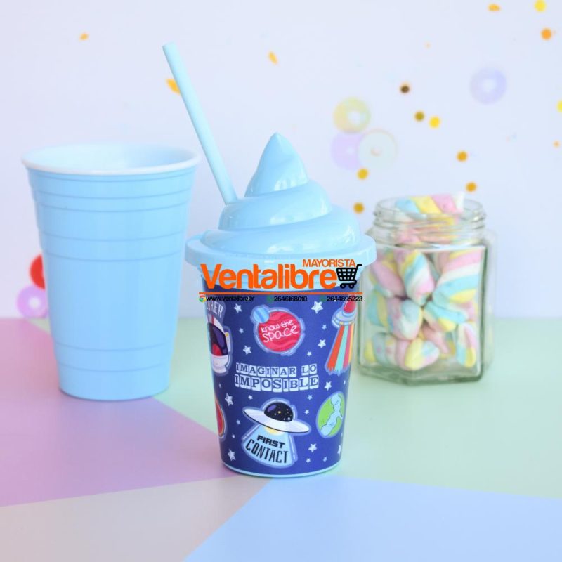 VASO INFANTIL DISEÑO HELADO CON TAPA Y SORBETE ESTAMPADOS PERSONAJES - Imagen 5