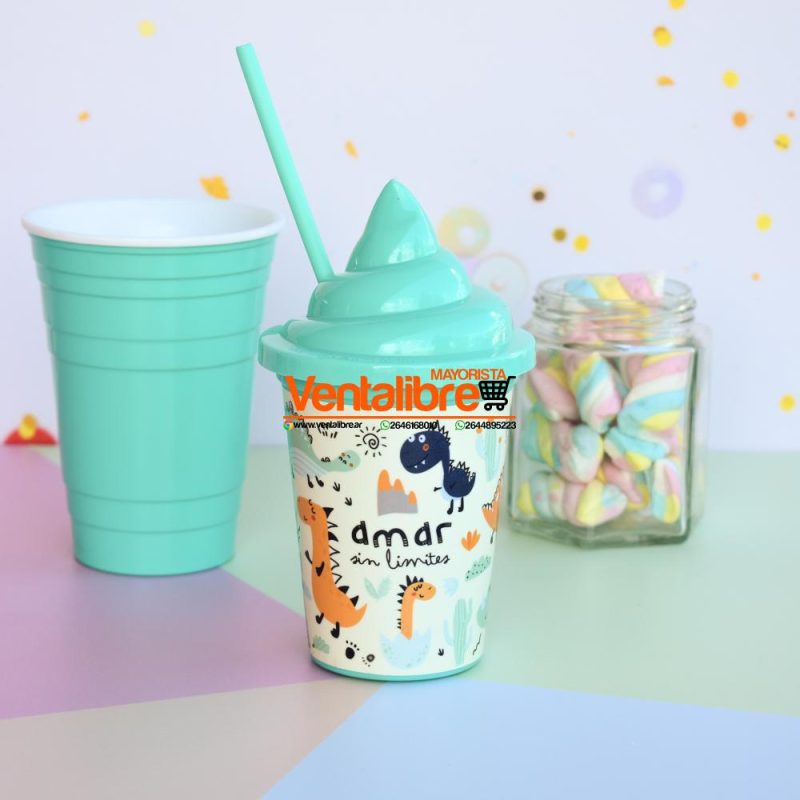 VASO INFANTIL DISEÑO HELADO CON TAPA Y SORBETE ESTAMPADOS PERSONAJES - Imagen 4