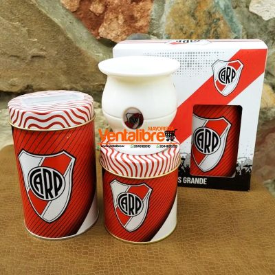 SET YERBERA AZUCARERA Y MATE PREMIUM LITOGRAFIADA RIVER EN CAJA DE REGALO