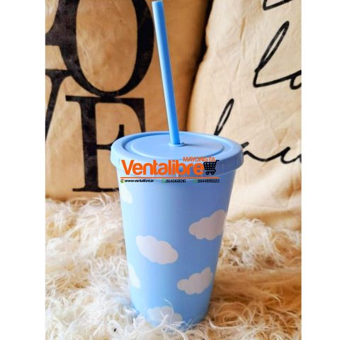 VASOS ESTAMPADOS CON TAPA Y SORBETE