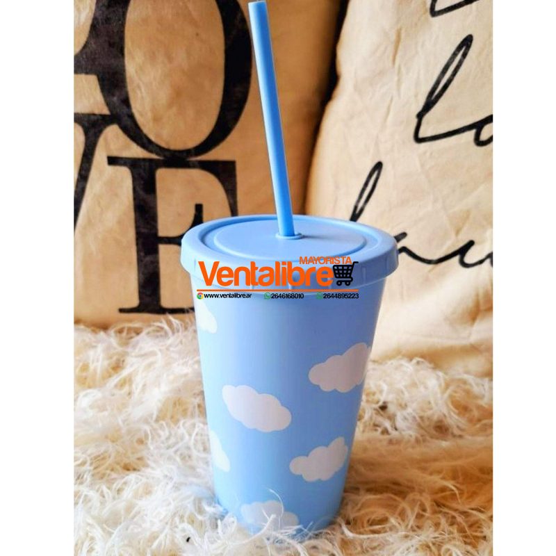 VASOS ESTAMPADOS CON TAPA Y SORBETE