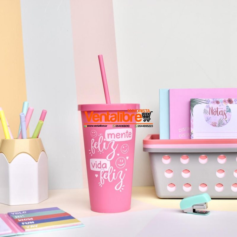 VASOS COLORES ESTAMPADOS CON TAPA Y SORBETE 500 CC. - Imagen 4