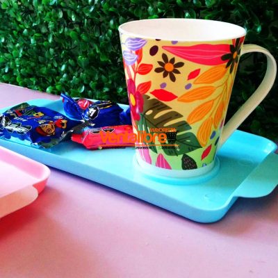 SET TAZA CÓNICA ESTAMPADA MAS BANDEJA EXCELENTE CALIDAD IDEAL PARA DESAYUNOS