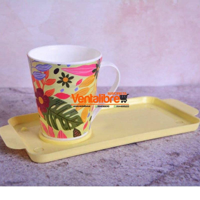 SET TAZA CÓNICA ESTAMPADA MAS BANDEJA EXCELENTE CALIDAD IDEAL PARA DESAYUNOS - Imagen 2