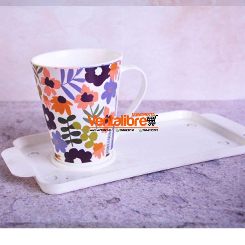 SET TAZA CÓNICA ESTAMPADA MAS BANDEJA EXCELENTE CALIDAD IDEAL PARA DESAYUNOS - Imagen 3