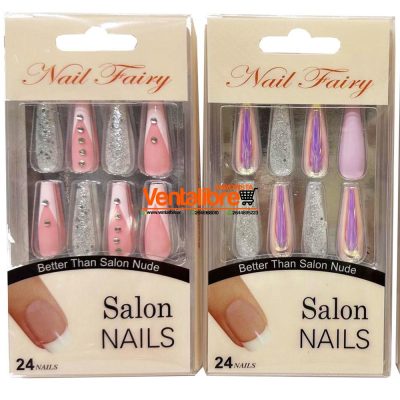 UÑAS POSTIZAS DECORADAS 24 PIEZAS VARIOS DISEÑOS CON PEGAMENTO BIFAZ