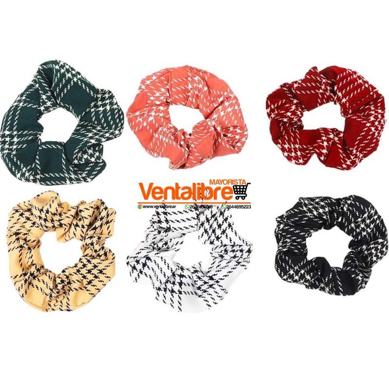 COLETAS SCRUNCHIES DE TELA ESTAMPADA CUADRILLE VARIOS COLORES