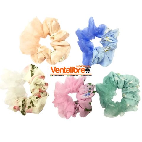 COLETAS SCRUNCHIES DE GASA COMBINADA FLORES EXCELENTE AJUSTE