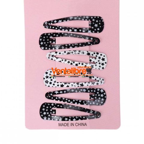 TRABAS TIC TAC 5 CM. CON ESTRELLAS BLANCAS NEGRAS X 6 UNI.