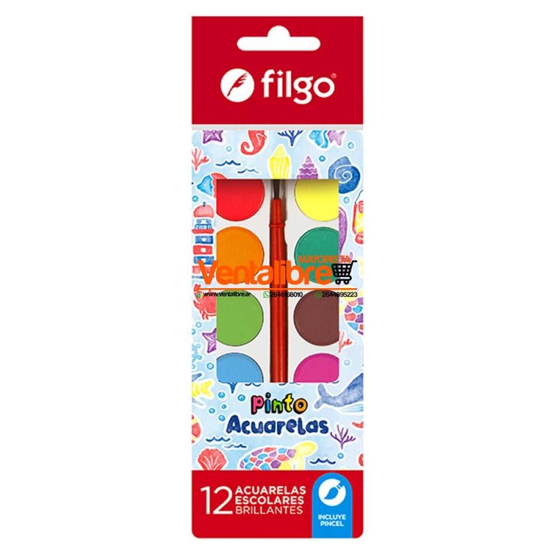 ACUARELAS ESCOLARES PINTO BRILLANTES X 12 FILGO