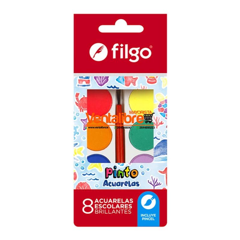 ACUARELAS ESCOLARES PINTO BRILLANTES X 8 FILGO