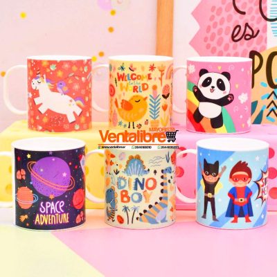 TAZA INFANTIL PREMIUM CON ASA ESTAMPADOS PERSONAJES 200 CC.