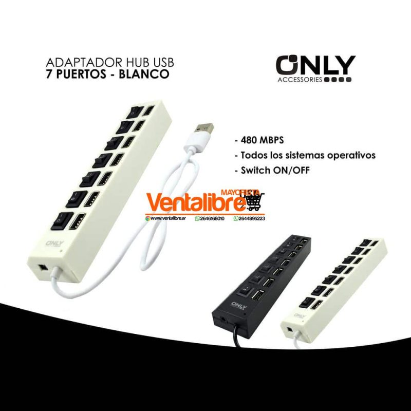 ADAPTADOR HUB USB 2.0 ON/OFF 7 PUERTOS BLANCO NEGRO - Imagen 2