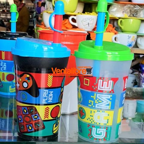 VASO INFANTIL GRANDE CON SORBETE ESTAMPADO PERSONAJES GAMER