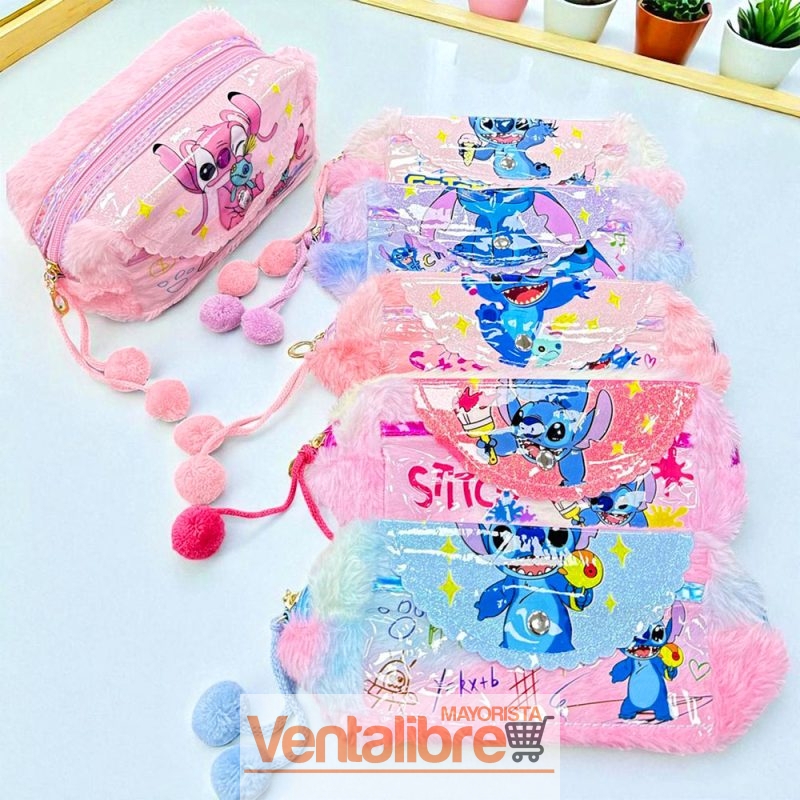 CARTUCHERA NECESER PELUCHE Y POMPÓN ESTAMPA STITCH