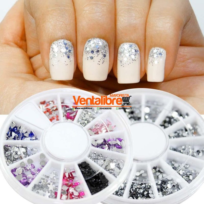 BRILLO PARA UÑAS COLORES SURTIDOS CAJITA CON 12 FORMA VARIADAS