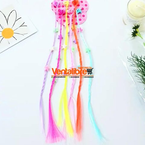 TRENZAS COLOR FLUO CON ESTRELLAS CON BROCHECITOS X 6 UNI.