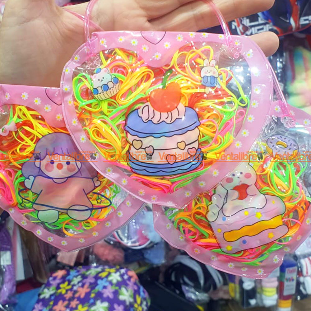 GOMITAS PARA EL PELO EN BOLSITA CON MANIJA COLORES SURTIDOS X 200 UNI.