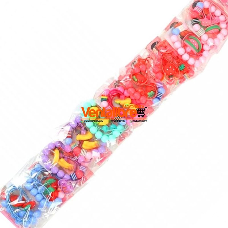 SET PULSERA MÁS ANILLO INFANTIL CON PELOTITAS FRUTA