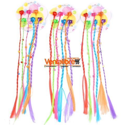 TRENZAS COLOR FLUO PELOTITAS CON BROCHECITO POR 6 UNI.