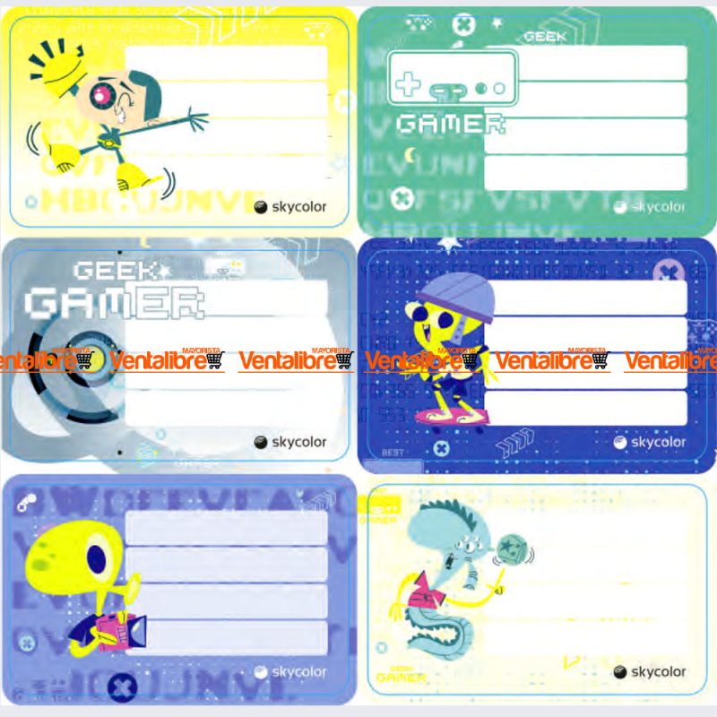 ETIQUETAS ESCOLARES DE GEEK GAMERS PLANCHA X 6 UNID.