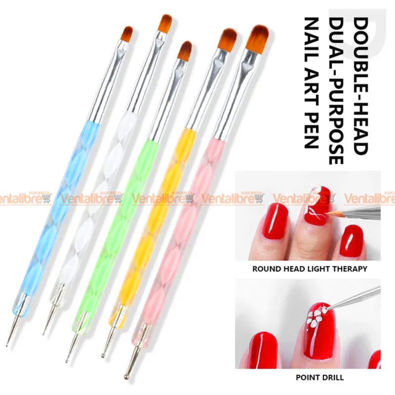PINCELES DOBLE CABEZAL CON DOTTING PARA MANICURA ACRÍLICA X 5 UNI. - Imagen 2