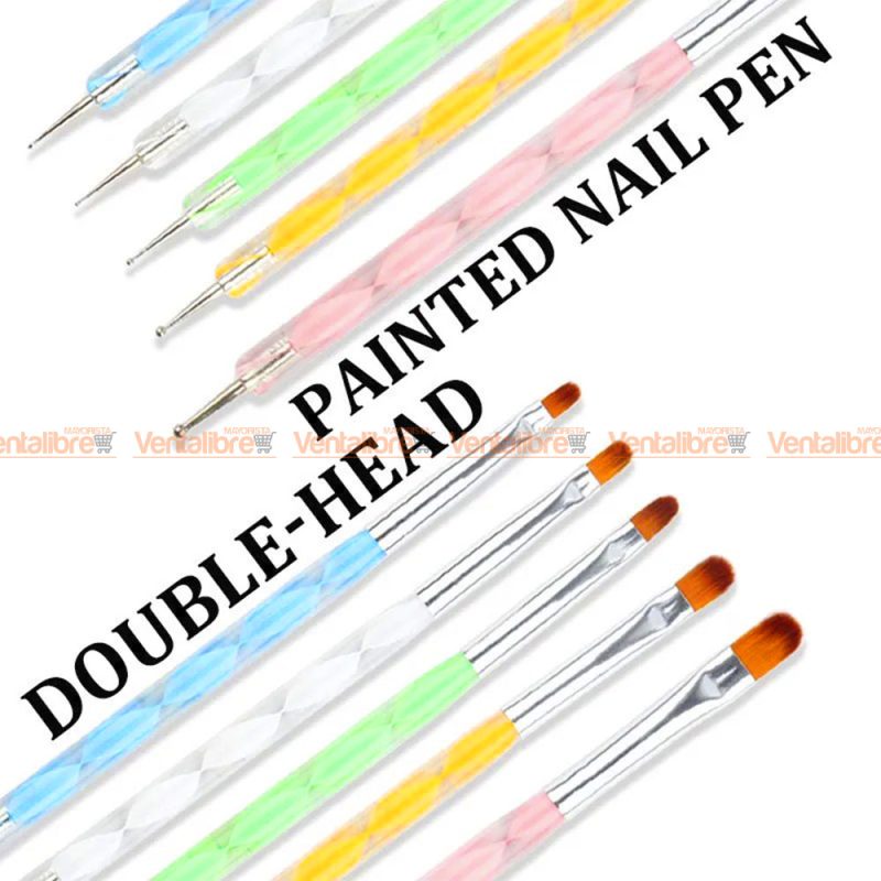 PINCELES DOBLE CABEZAL CON DOTTING PARA MANICURA ACRÍLICA X 5 UNI. - Imagen 3