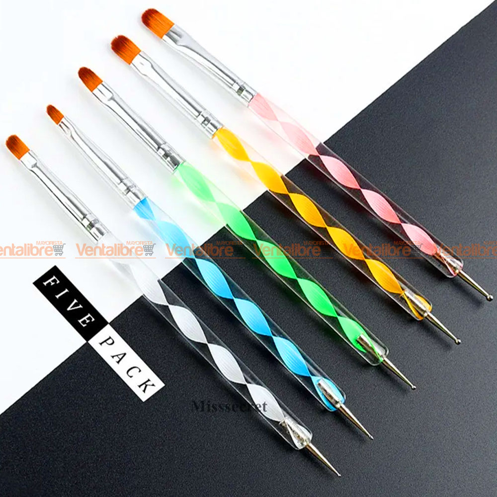 PINCELES DOBLE CABEZAL CON DOTTING PARA MANICURA ACRÍLICA X 5 UNI.