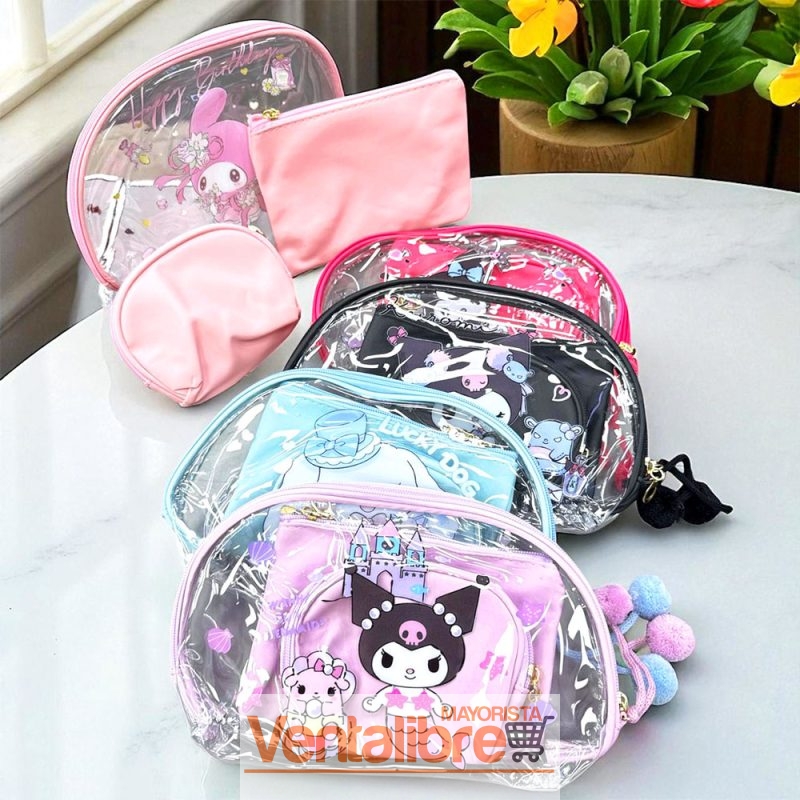 CARTUCHERA NECESER TRANSPARENTE 3 PIEZAS ESTÁMPA KUROMI