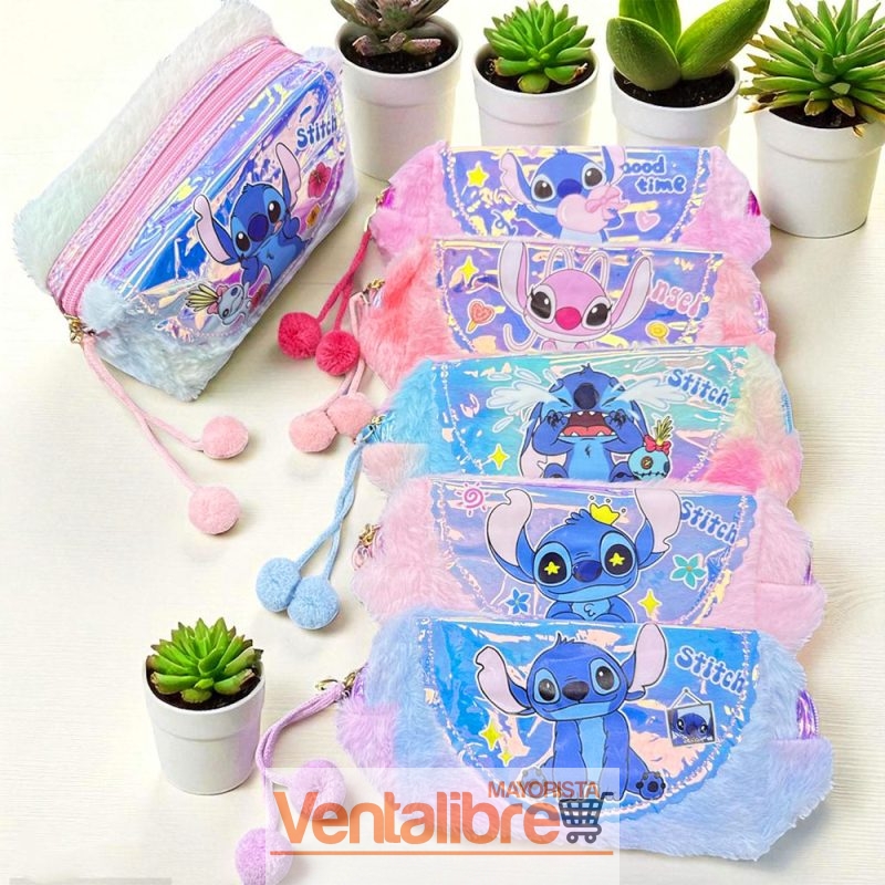 CARTUCHERA NECESER PELUCHE Y POMPÓN ESTAMPA STITCH