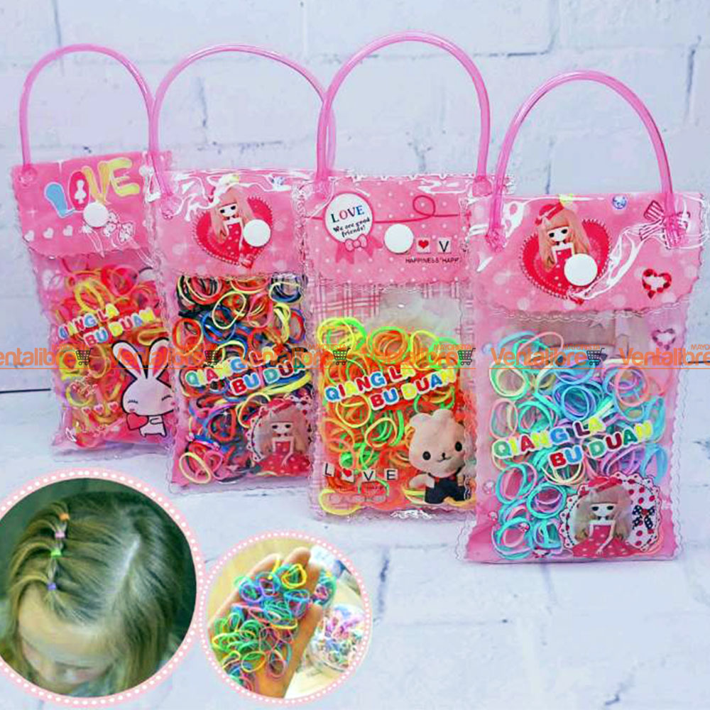 GOMITAS PARA EL PELO EN BOLSITA CON MANIJA COLORES SURTIDOS X 150 UNI.