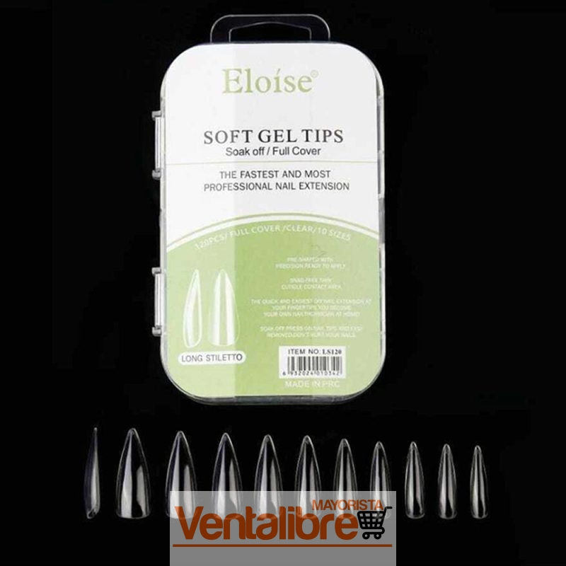 TIPS SOFT GEL LONG STILLETO X 120U. EN CAJA CHICA ELOISE
