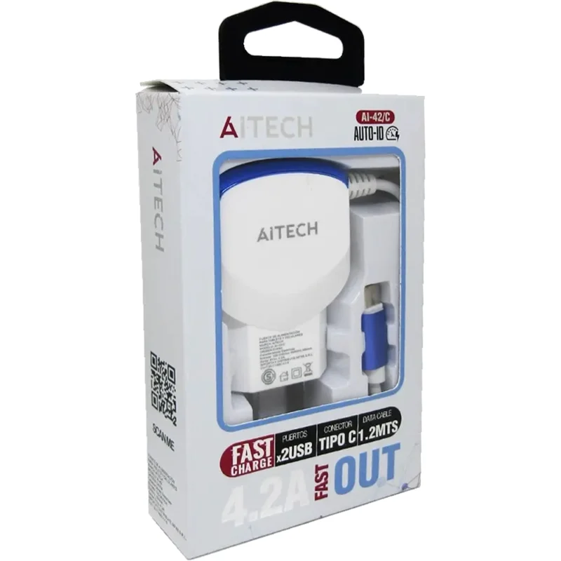 CARGADOR RÁPIDO AITECH 4.2A TIPO C 1.2M + 2 USB