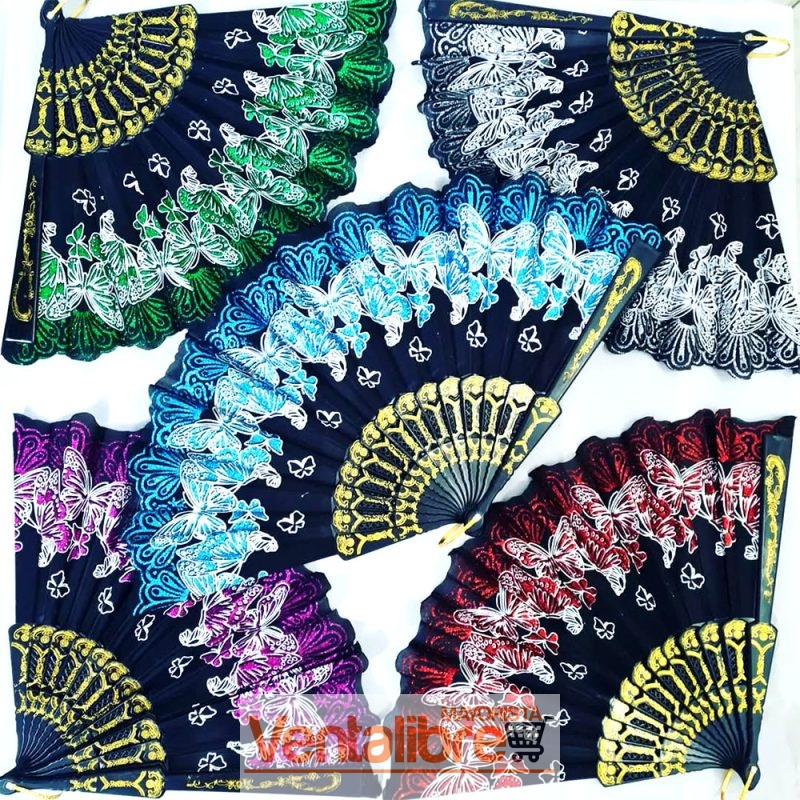 ABANICO NEGRO ESTAMPADO MARIPOSA CON BRILLOS