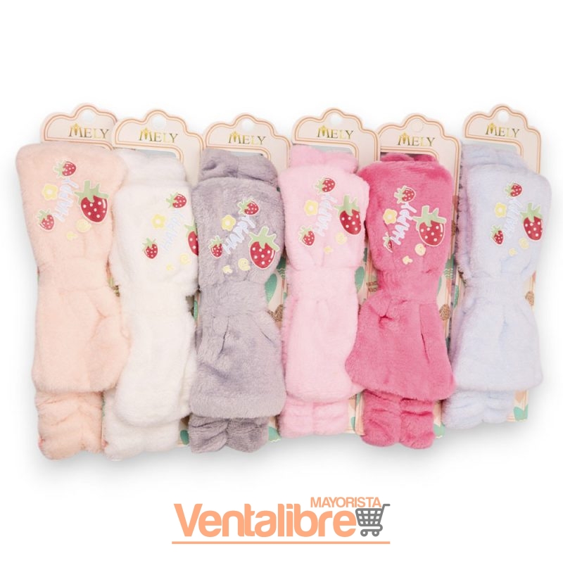 VINCHA ELÁSTICA PELUCHE CON MOÑO HAPPY FRUTILLA , MILK Y LOVE