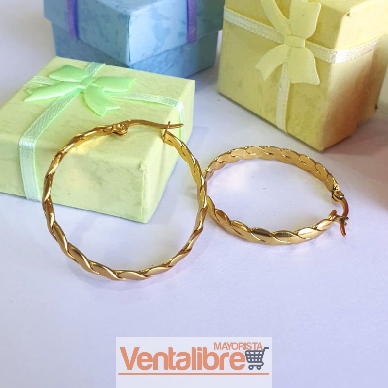 ARGOLLAS DE ACERO DORADO TRENZADA DE 20 HASTA 35 MM.