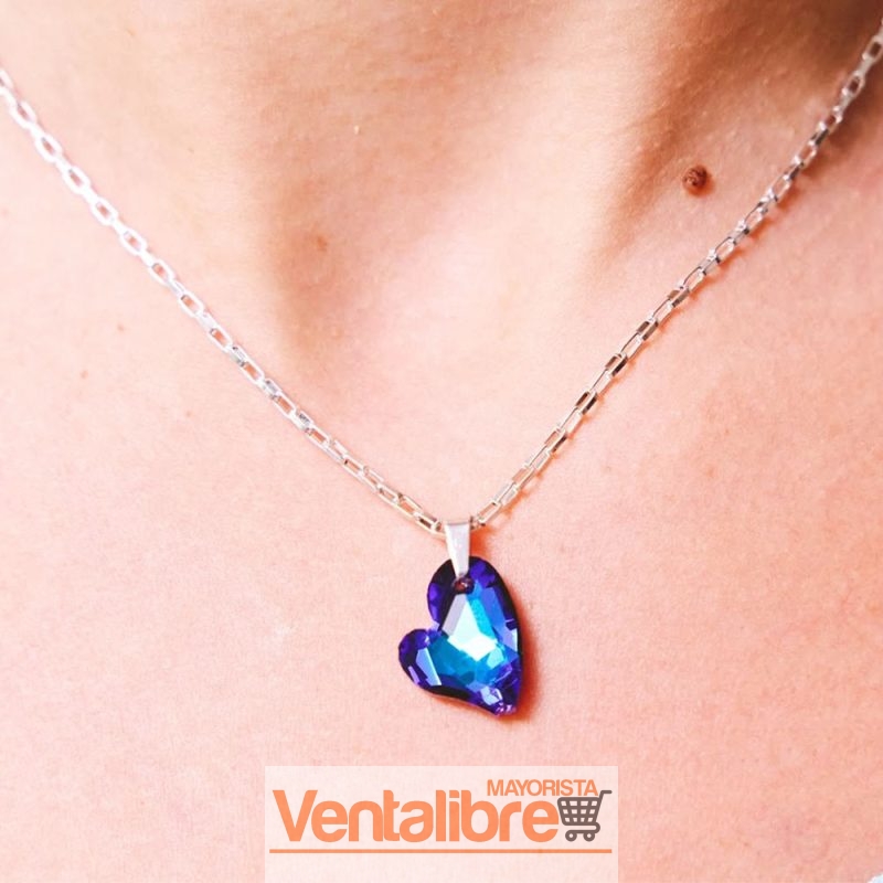 DIJE DE ACERO QUIRÚRGICO CRISTAL TORNASOL AZUL CORAZON 17 MM.