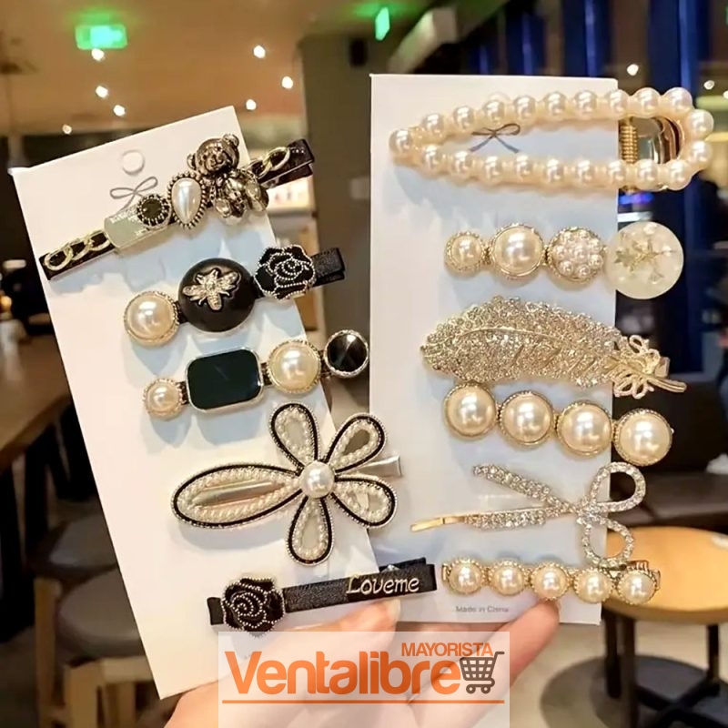 SET DE HEBILLAS PARA PELO CON DISEÑOS EN PERLAS ALTA CALIDAD