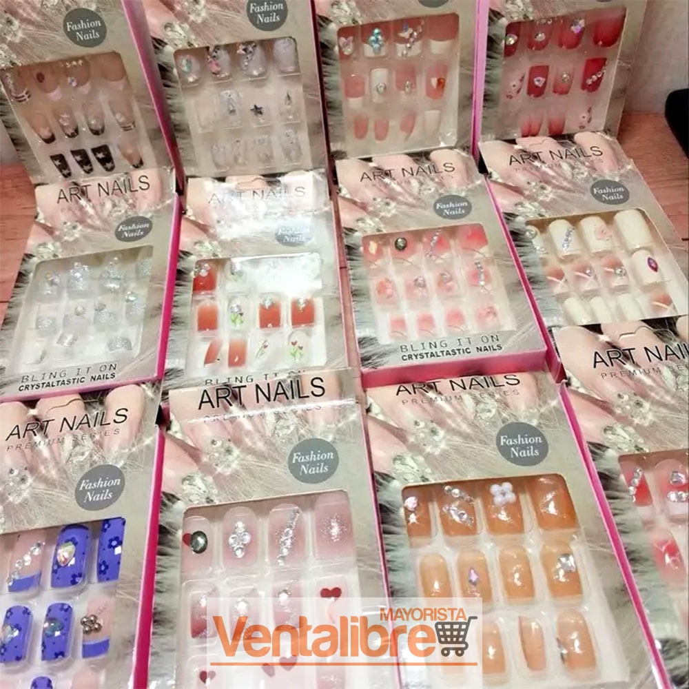 UÑAS POSTIZAS PRESS-ON NAILS DECORADAS CON CRISTALES Y BRILLOS C/PEGAMENTO - Imagen 2
