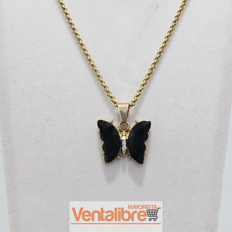 DIJE DE ACERO DORADO MARIPOSA CON CUBIC NEGRO 22 MM.