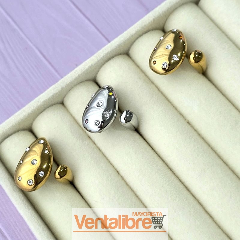 ANILLO DE ACERO DORADO GOTAS CON STRASS MULTICOLOR - Imagen 3