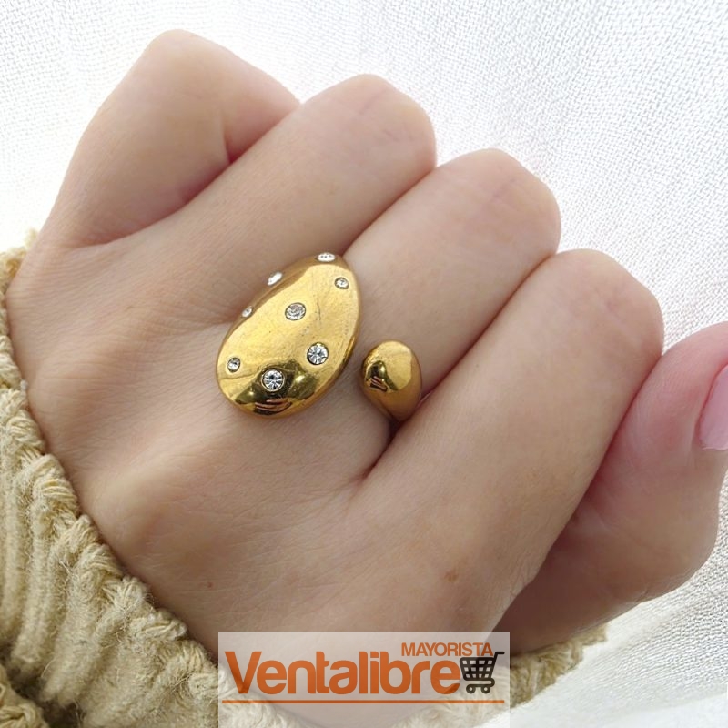 ANILLO DE ACERO DORADO GOTAS CON STRASS MULTICOLOR