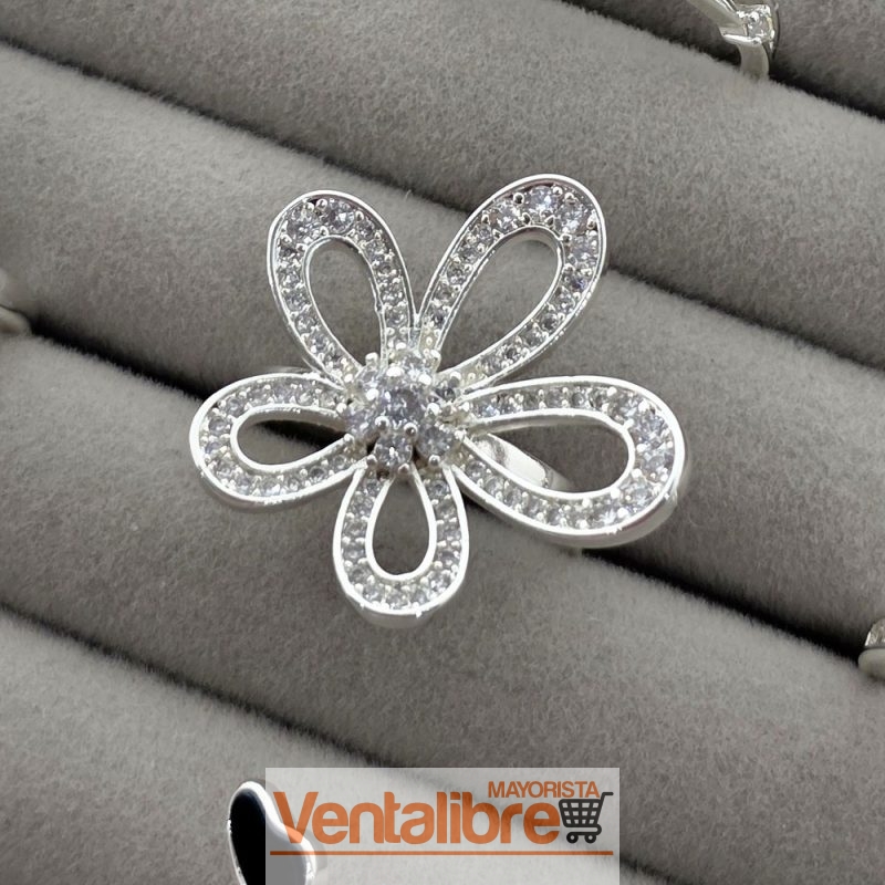 ANILLO DE BRONCE CON BAÑO DE PLATA FLOR GRANDE Y MICRO PAVE MULTICOLOR