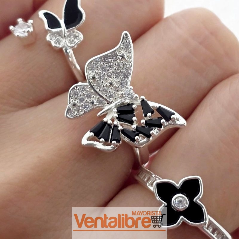 ANILLO DE BRONCE CON BAÑO DE PLATA MARIPOSA CON CUBIC NEGRO Y MICRO PAVE CRISTAL